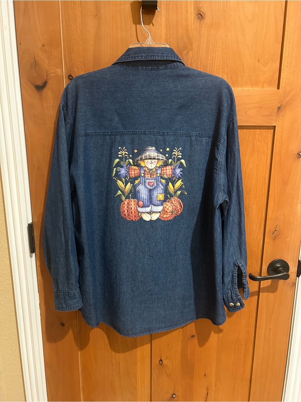 Denim Jacket with Autumn Scarecrow Applique - Dark Blue